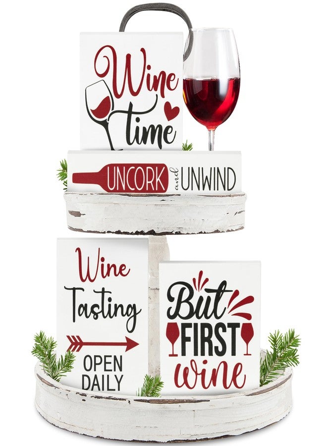CPicdn Wine Tiered Tray Decorations - 4Pcs Wine Theme Wooden Table Centerpieces Block Plaque Sign Tabletop Decorations for Home Kitchen Wine Bar Desk Shelf Supplies Gifts - Image 1